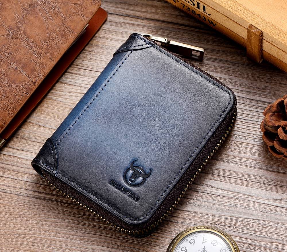 BULLCAPTAIN Genuine Leather Accordion Card Holder Men Zipper Wallet