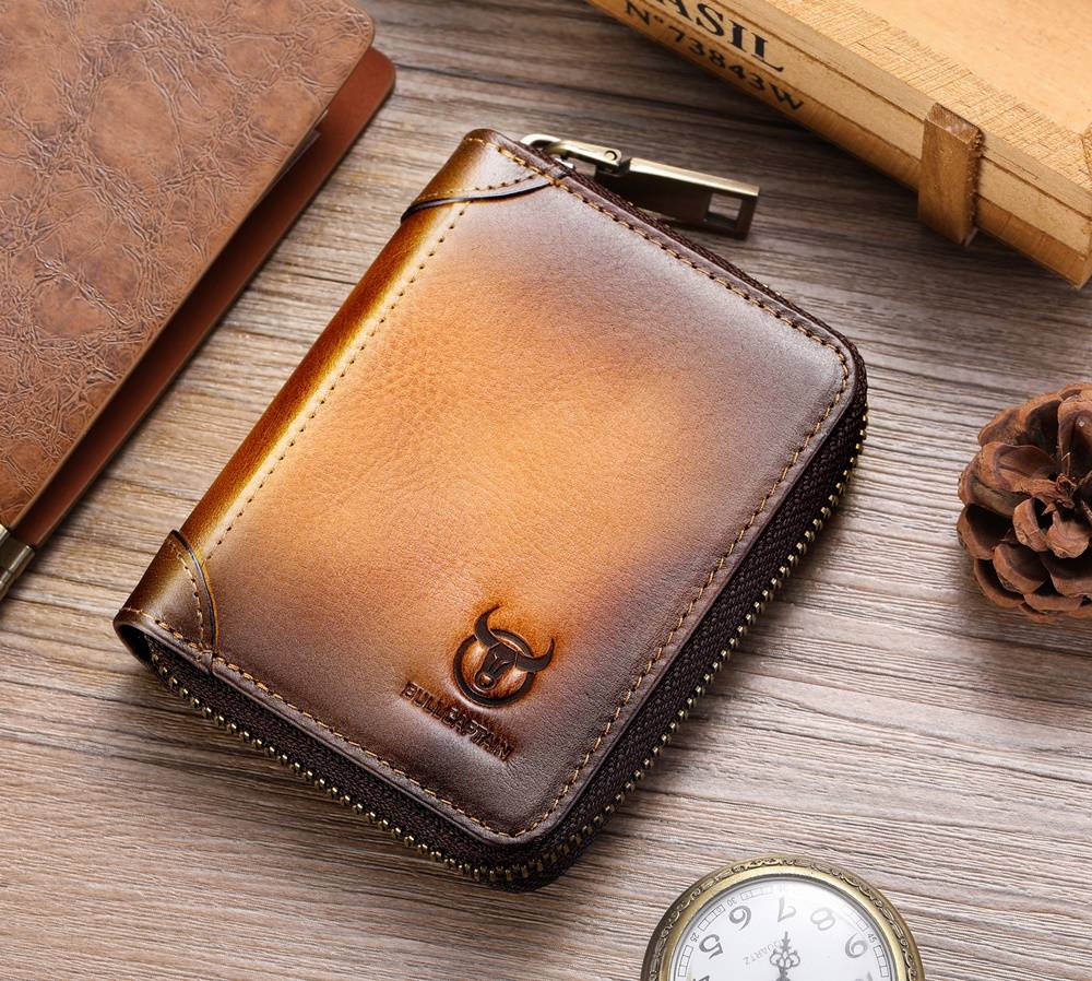 BULLCAPTAIN Genuine Leather Accordion Card Holder Men Zipper Wallet