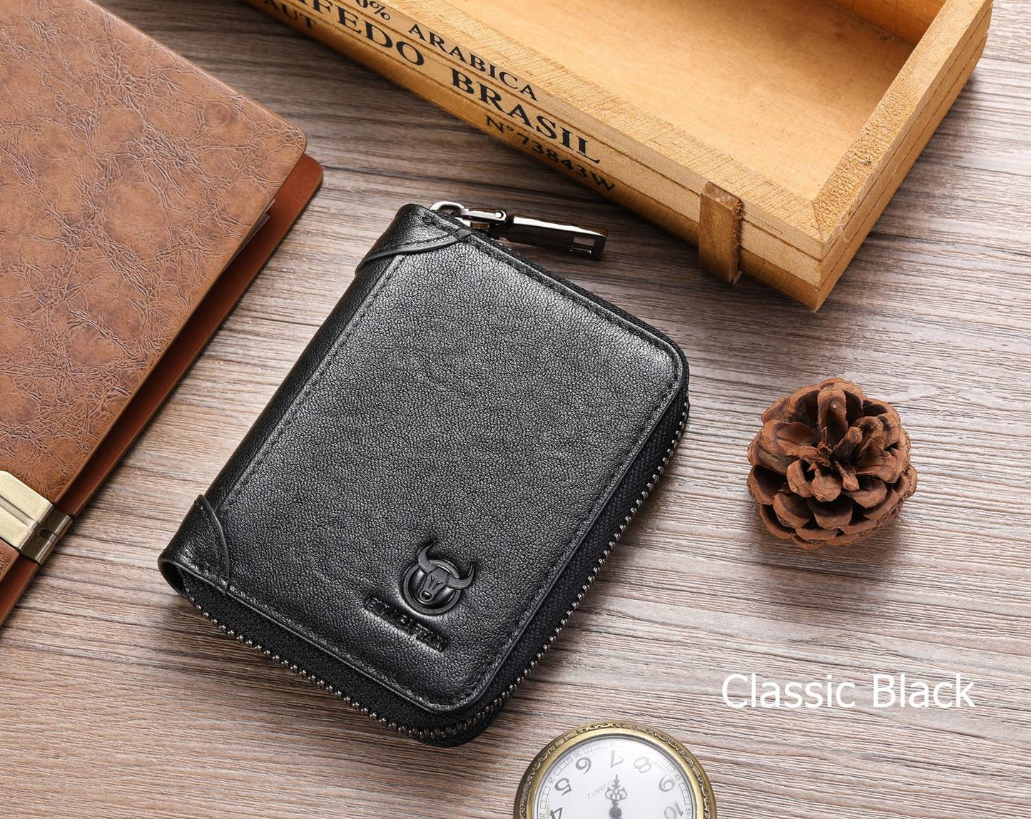 BULLCAPTAIN Genuine Leather Accordion Card Holder Men Zipper Wallet