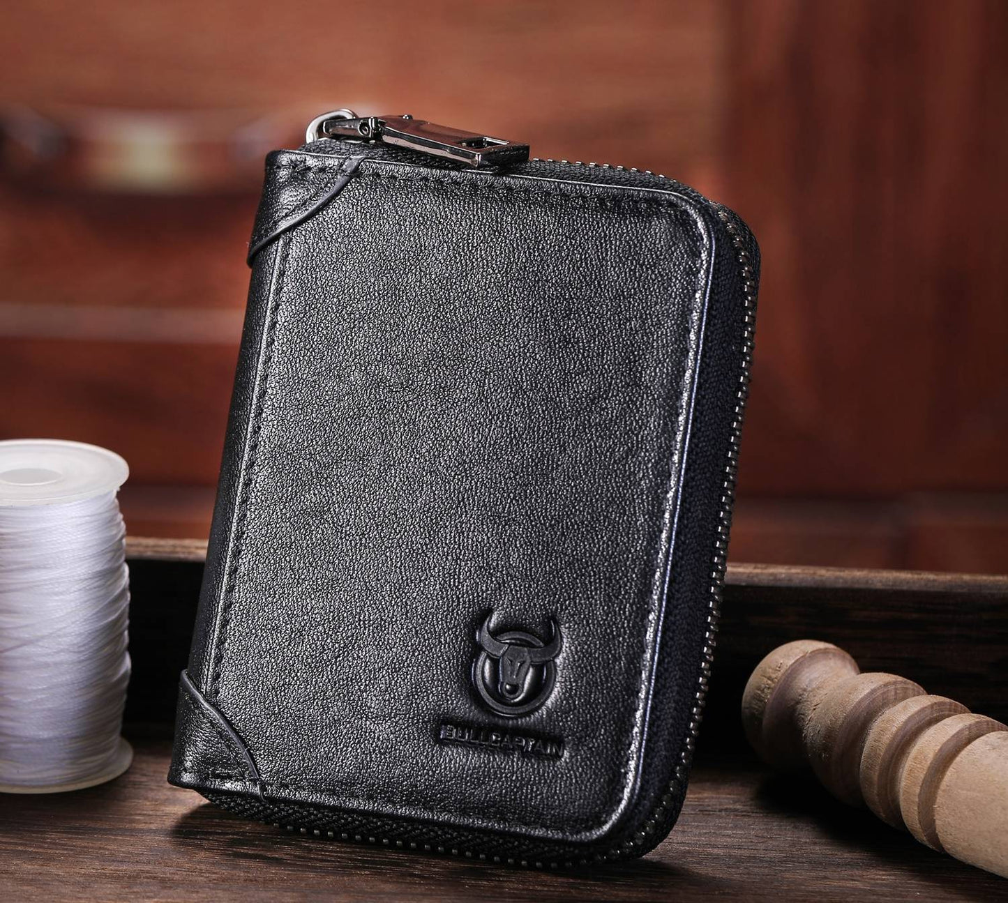 BULLCAPTAIN Genuine Leather Accordion Card Holder Men Zipper Wallet