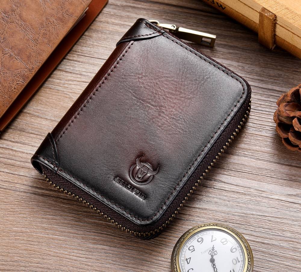 BULLCAPTAIN Genuine Leather Accordion Card Holder Men Zipper Wallet