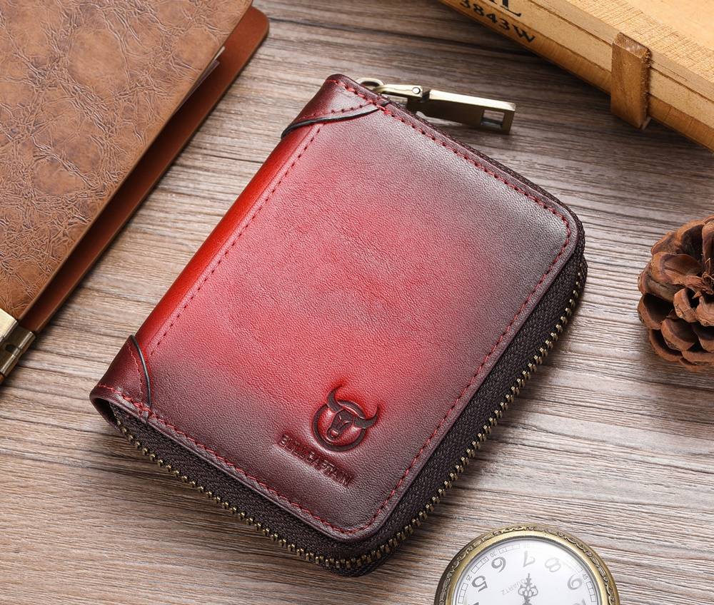 BULLCAPTAIN Genuine Leather Accordion Card Holder Men Zipper Wallet