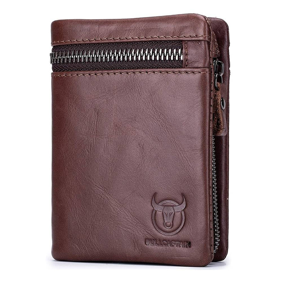 BULLCAPTAIN Men’s Genuine Leather Wallet Bifold Zippers Purse