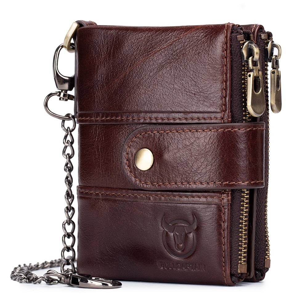 BULLCAPTAIN Leather Bifold Wallet for Men with Anti-theft Chain