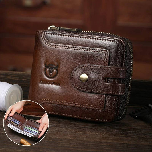 BULLCAPTAIN Large Capacity Leather Men Zipper Wallet with ID Window, Zip Coin Pocket