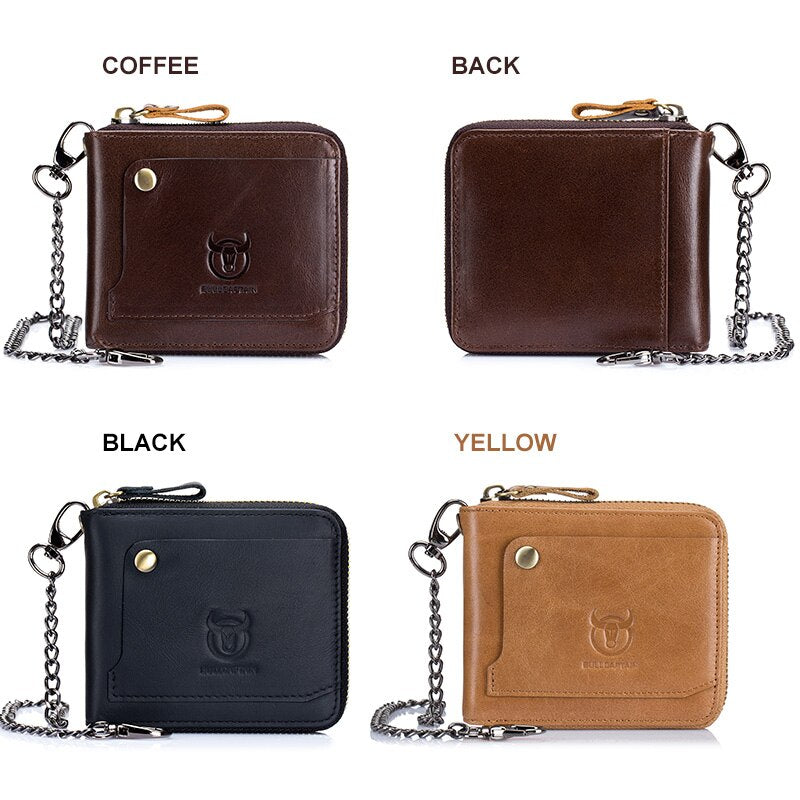 Dark Brown Genuine Cowhide Leather Wallet Chain