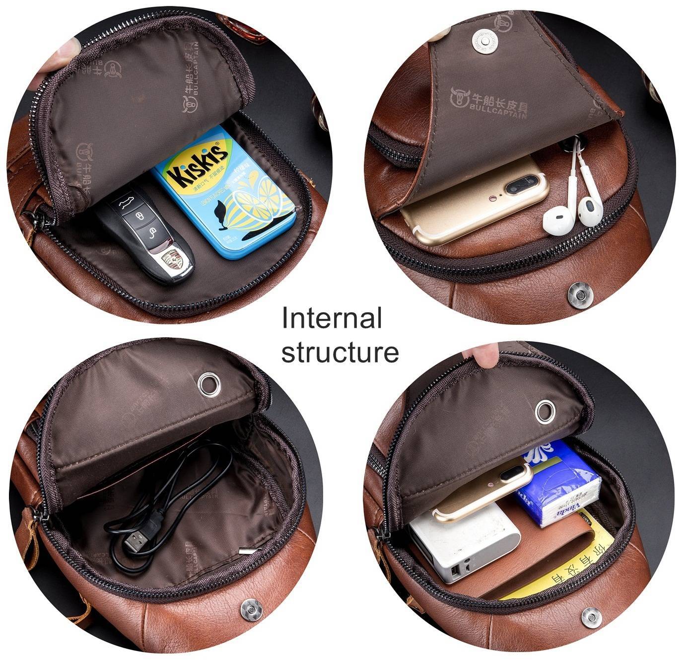 BULLCAPTAIN Leather Men Sling Bags Travel Crossbody Chest Bag Hiking  Daypack with USB Charging Port Multi-Pocket