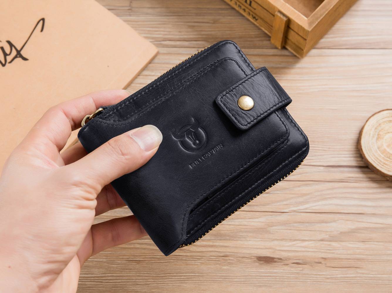 BULLCAPTAIN Leather Mens RFID Blocking Wallet Zipper Bifold