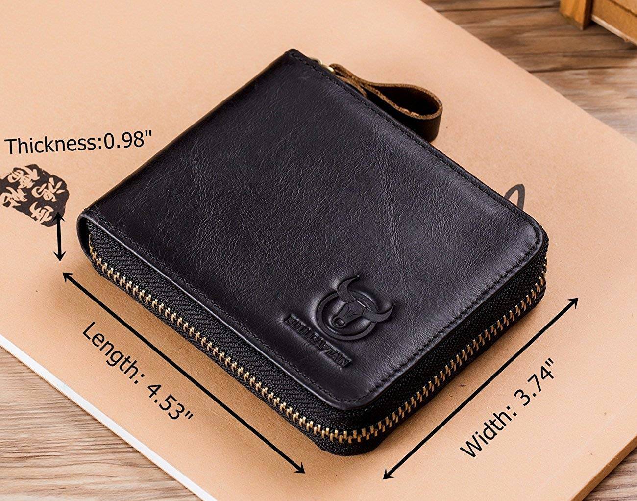 BULLCAPTAIN Leather Wallets for Men RFID Blocking Zipper Bifold