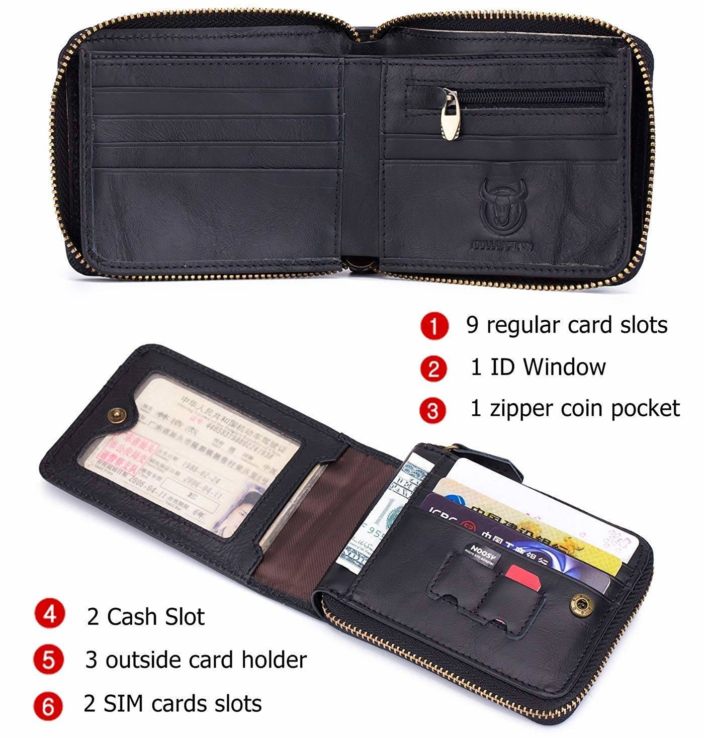 BULLCAPTAIN Leather Wallets for Men RFID Blocking Zipper Bifold Purse