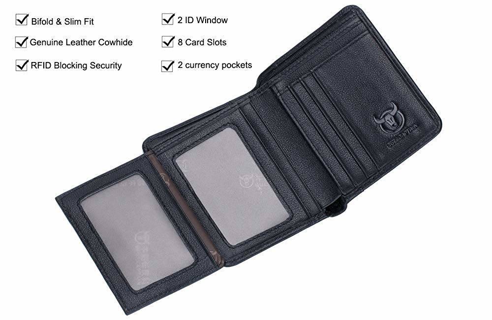 BULLCAPTAIN Leather Trifold Mens RFID Wallet With 2 ID Window