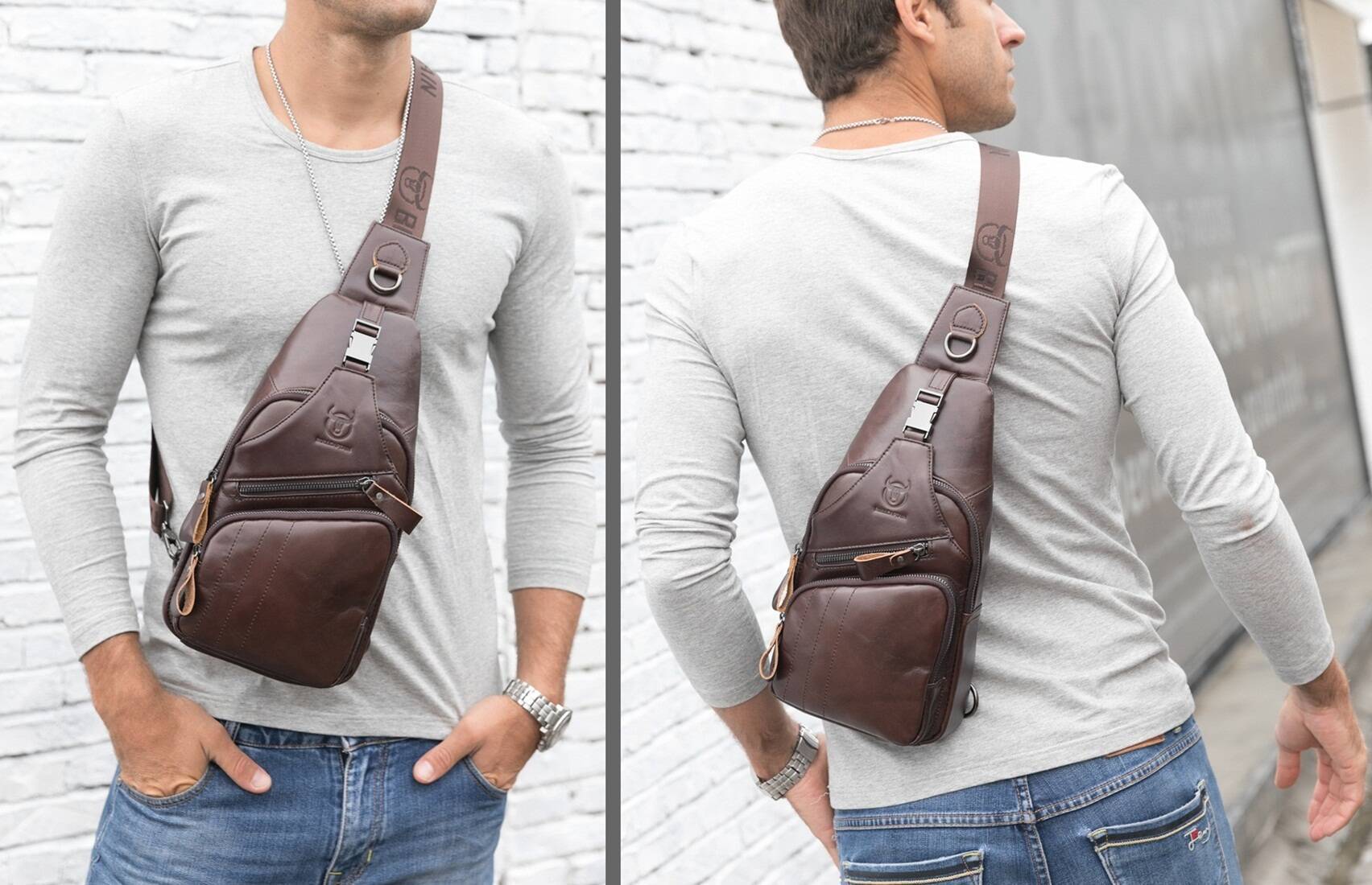 BULLCAPTAIN Genuine Leather Sling Chest Bag Multi-pockets Men Crossbody Bag  Travel Casual Small Shoulder Backpack - ShopStyle