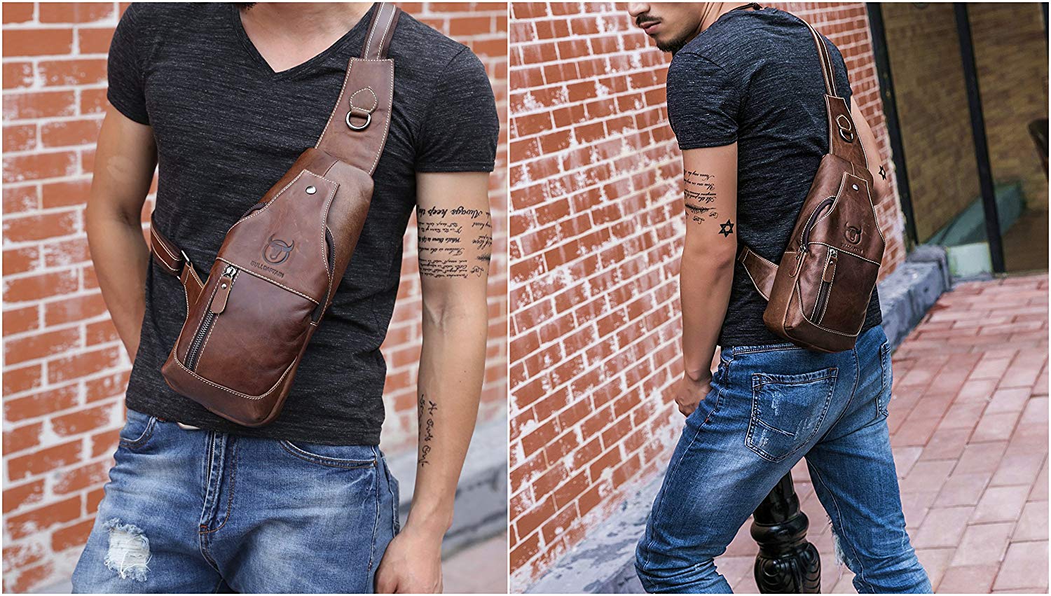 BULLCAPTAIN Men Sling Backpack Genuine Leather Shoulder Crossbody Chest Bag