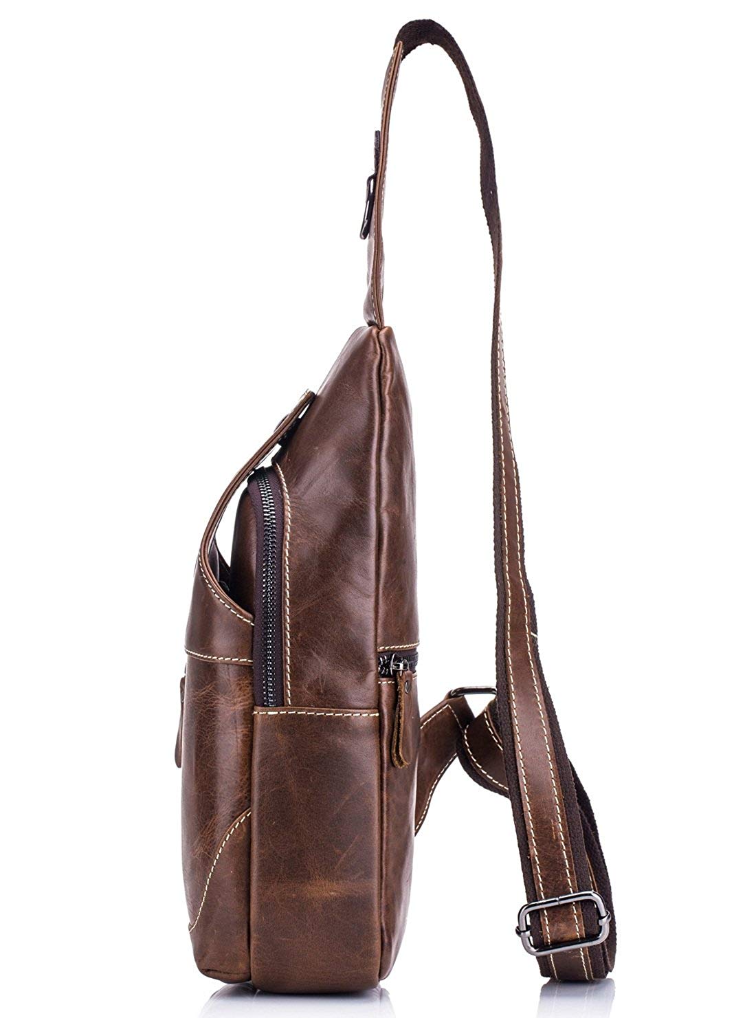 BULLCAPTAIN Men Sling Backpack Genuine Leather Shoulder